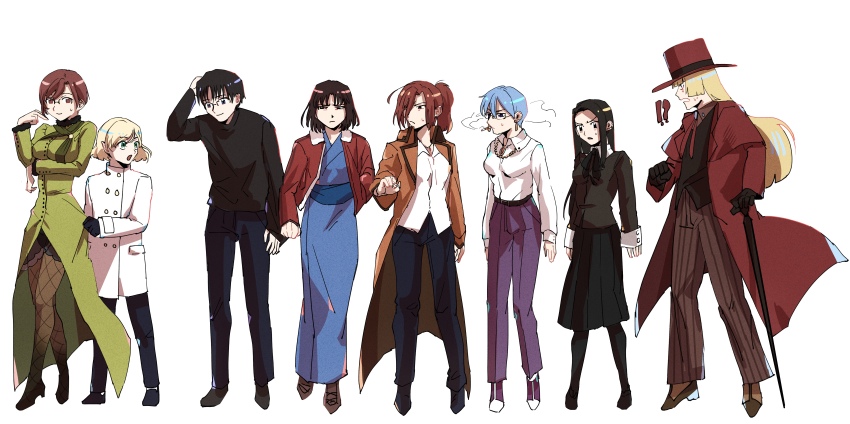 3boys 5girls absurdres aozaki_touko aozaki_touko_(mahou_tsukai_no_yoru) aozaki_touko_(original_design) aozaki_touko_(young) black_hair blue_hair cornelius_alba fate/extra fate_(series) highres kara_no_kyoukai lugh_beowulf mahou_tsukai_no_yoru multiple_boys multiple_girls multiple_persona red_hair ryougi_shiki sabi_nm simple_background white_background