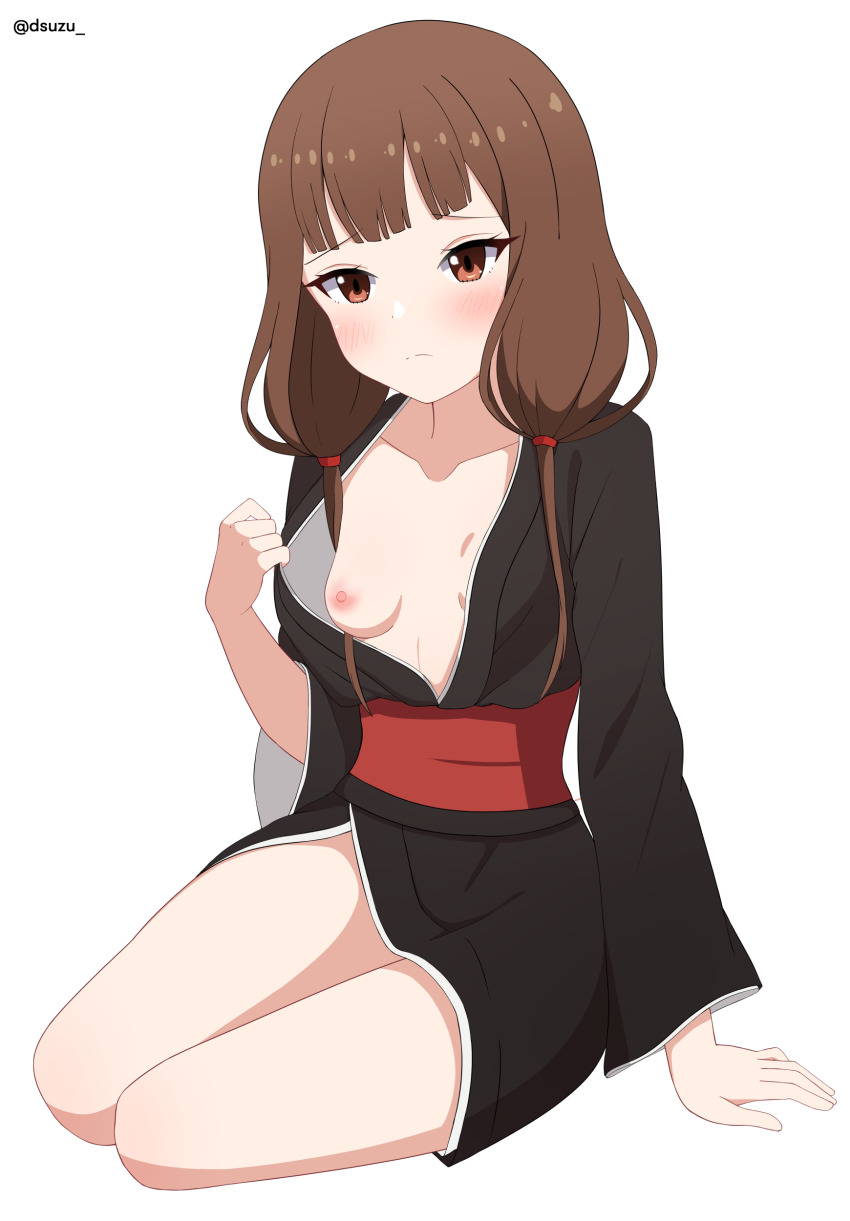 1girl absurdres alternate_costume artist_name black_kimono blush breasts brown_eyes brown_hair dsuzu frown hand_up highres iino_miko japanese_clothes kaguya-sama_wa_kokurasetai_~tensai-tachi_no_renai_zunousen~ kimono long_hair low_twintails nipples obi sash simple_background sitting small_breasts twintails white_background
