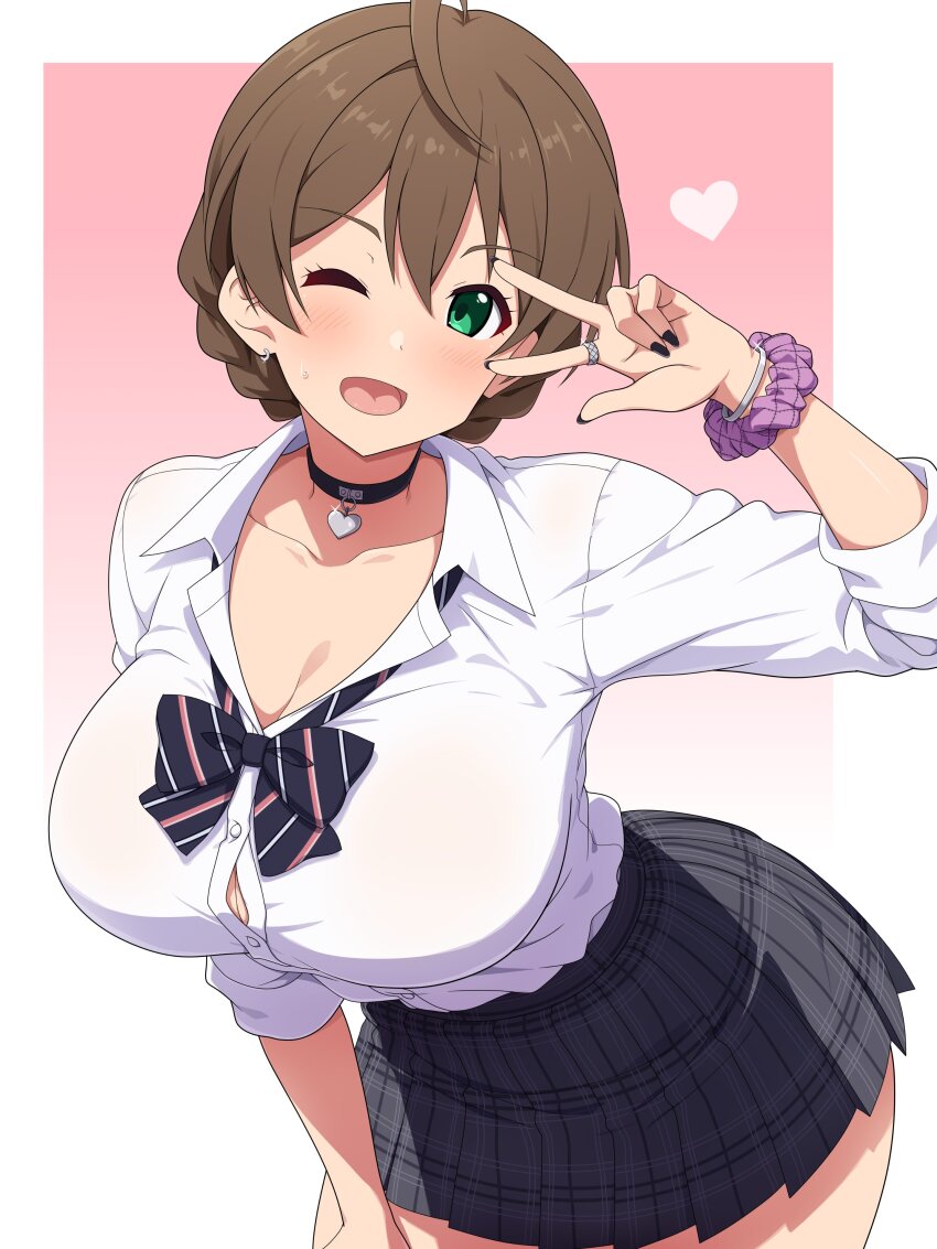 1girl :d absurdres ahoge bangle black_bow black_bowtie black_choker black_nails blush border bow bowtie bracelet braid breasts brown_hair button_gap choker cleavage collarbone collared_shirt concept_gyarus_(idolmaster) cowboy_shot diagonal-striped_bow diagonal-striped_bowtie diagonal-striped_clothes dot_nose earrings eyelashes gradient_background green_eyes grey_skirt gyaru hand_on_own_thigh hand_up heart heart_choker highres idolmaster idolmaster_million_live! idolmaster_million_live!_theater_days jewelry leaning_forward loose_bowtie mei_ichi no_bra one_eye_closed open_collar open_mouth outside_border pink_background plaid_clothes plaid_skirt pleated_skirt purple_scrunchie sakuramori_kaori school_uniform scrunchie see-through_clothes see-through_shirt shirt silver_bangle silver_bracelet silver_ring skirt sleeves_rolled_up smile solo striped_clothes sweat w white_border white_shirt wrist_scrunchie