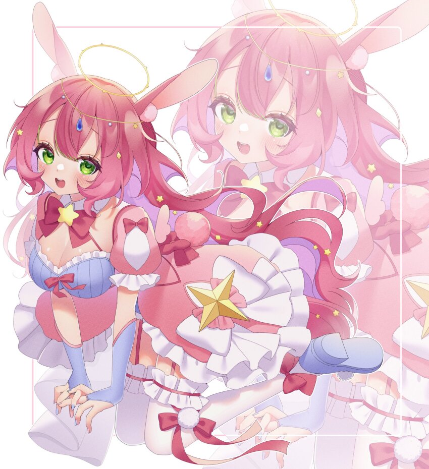 1girl animal_ears artist_request blue_gemstone blush bow bowtie breasts check_artist cleavage dreamy_etude frilled_thighhighs frills gem green_eyes halo highres long_hair magical_girl pink_bow pink_bowtie pink_hair rabbit_ears rabbit_girl shoes smile star_ornament thighhighs vivaria_virtual white_thighhighs