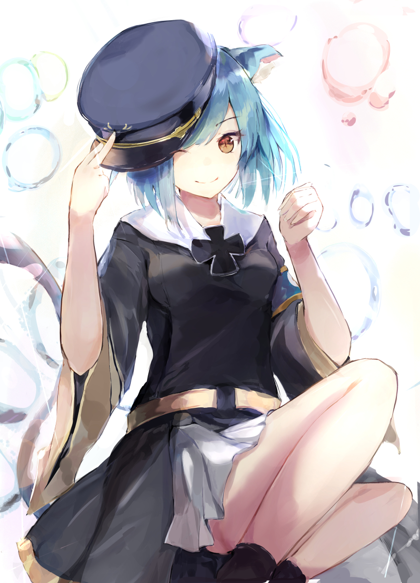 1girl ;) absurdres animal_ear_fluff animal_ears azur_lane black_jacket black_socks blue_hair blue_hat blush brown_eyes bubble cat_ears cat_girl cat_tail closed_mouth commentary_request cross feet_out_of_frame female_focus fingernails hanagin hand_on_headwear hands_up hat highres iron_cross jacket meowficer_(azur_lane) military_hat one_eye_closed peaked_cap pleated_skirt short_sleeves sitting skirt slit_pupils smile socks solo steel_(azur_lane) tail tilted_headwear white_skirt wide_sleeves