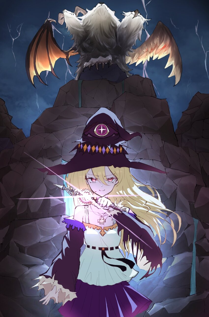 1girl black_hat black_sleeves blonde_hair chimera daria_(shingeki_no_bahamut) detached_sleeves eye_on_hat glowing hat highres holding holding_wand lightning lk_nekoa long_hair looking_at_viewer monster night night_sky pink_eyes pleated_skirt purple_skirt shadowverse shadowverse:_worlds_beyond shirt skirt sky sleeveless sleeveless_shirt wand white_shirt wide_sleeves witch witch_hat