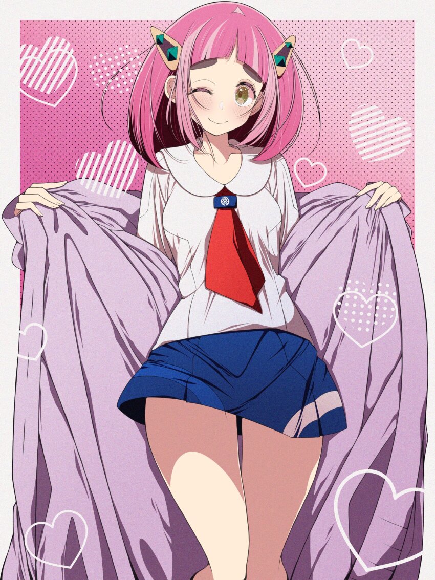 1girl arched_bangs blue_gakuran blue_skirt blueberry_academy_(emblem) blueberry_academy_school_uniform blush bolt_hair_ornament breasts brown_eyes cardigan closed_mouth commentary fujiwara_hiro_(kaede_ciao) heart heart_background highres lacey_(pokemon) medium_hair mismatched_eyebrows necktie nintendo one_eye_closed open_cardigan open_clothes pink_hair pokemon pokemon_sv purple_cardigan red_necktie school_uniform skirt small_breasts smile solo
