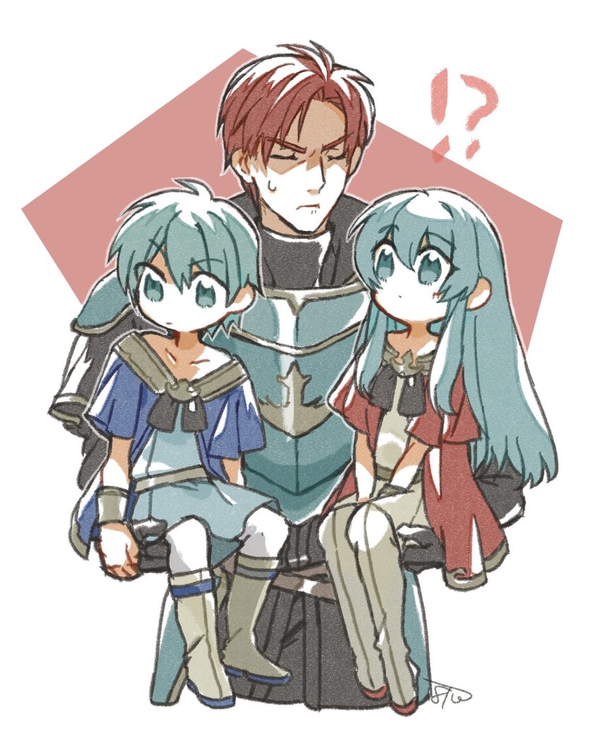 1girl 2boys aged_down aqua_eyes aqua_hair armor batoson54 boots closed_eyes collarbone eirika_(fire_emblem) eirika_(twin_refulgence)_(fire_emblem) ephraim_(fire_emblem) ephraim_(twin_refulgence)_(fire_emblem) fire_emblem fire_emblem:_the_sacred_stones fire_emblem_heroes hair_between_eyes highres holding long_hair multiple_boys nintendo red_hair seth_(fire_emblem) short_hair sidelocks sweatdrop