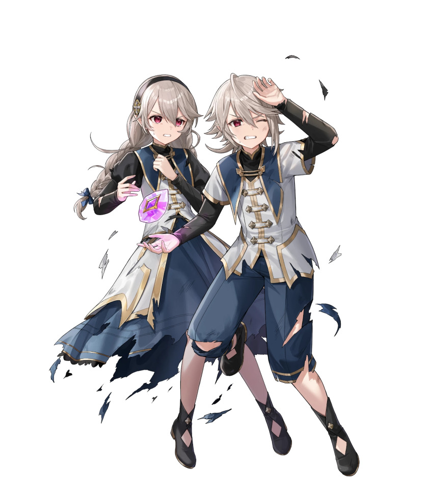 1boy 1girl black_hairband braided_twintails clenched_teeth corrin_(female)_(fire_emblem) corrin_(female)_(young_kinship)_(fire_emblem) corrin_(fire_emblem) corrin_(male)_(fire_emblem) corrin_(male)_(young_kinship)_(fire_emblem) damaged dragonstone dual_persona fire_emblem fire_emblem_fates fire_emblem_heroes grey_hair hairband highres matching_outfits mirror_twins nintendo non-web_source official_art one_eye_closed pointy_ears protecting red_eyes siblings teeth torn_clothes twins twintails v-shaped_eyebrows