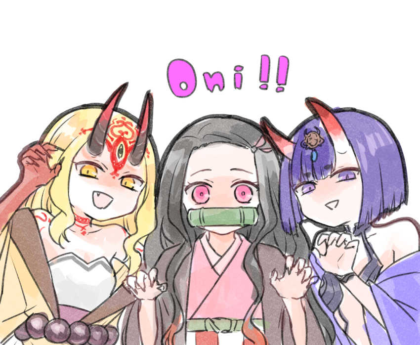 3girls bamboo bit_gag black_hair blonde_hair bob_cut breasts claw_pose commentary_request crossover fang fate/grand_order fate_(series) forehead_tattoo gag himeko_(nico6v6pachi) horns ibaraki_douji_(fate) japanese_clothes kamado_nezuko kimetsu_no_yaiba kimono multiple_girls neck_tattoo open_clothes open_kimono open_mouth pink_eyes pink_kimono purple_eyes purple_hair shuten_douji_(fate) skin-covered_horns small_breasts smile tattoo yellow_eyes