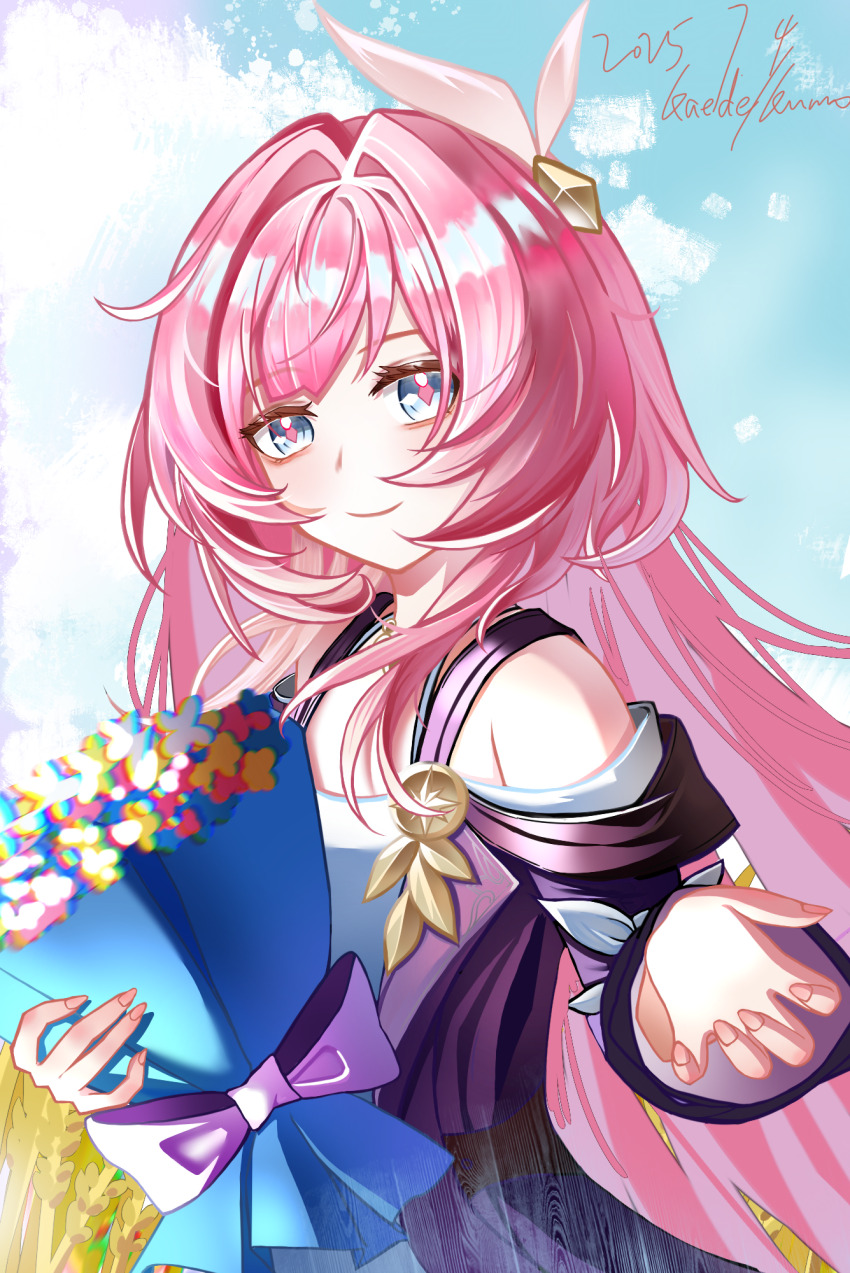 1girl alternate_hair_length alternate_hairstyle artist_name blue_eyes blue_sky bouquet breasts chinese_commentary coat commentary_request cyrene_(honkai:_star_rail) dated dress flower hair_ornament highres holding holding_bouquet honkai:_star_rail honkai_(series) kaede/kumo long_hair outdoors pink_hair purple_coat reaching reaching_towards_viewer sky small_breasts smile solo very_long_hair wheat wheat_field white_dress