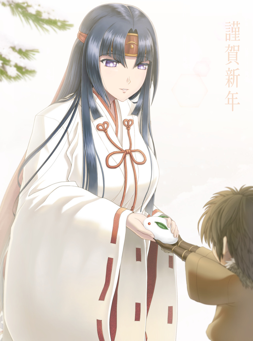 2girls black_hair blind blue_eyes breasts chinese_zodiac headband highres holding japanese_clothes kensei-miko_tomoe large_breasts lips long_hair long_sleeves miko mucoro multiple_girls nengajou new_year parted_bangs queen&#039;s_blade queen&#039;s_blade_rebellion red_headband sidelocks solo_focus tomoe_(queen&#039;s_blade) very_long_hair wide_sleeves year_of_the_rabbit