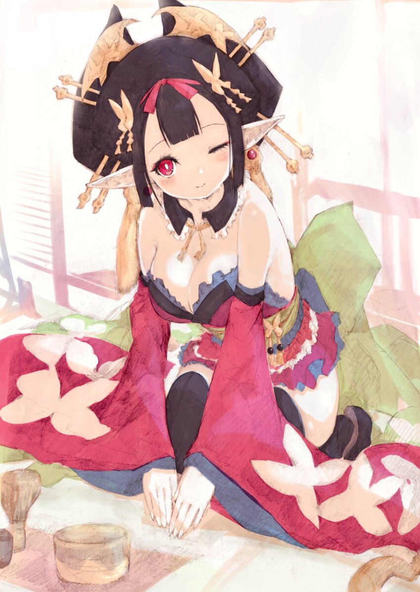 1girl animal_print bare_shoulders black_hair black_thighhighs blunt_bangs blunt_sidelocks blush breasts butterfly_hair_ornament butterfly_print cleavage collar datehyogo demon_girl detached_collar detached_sleeves disgaea earrings frilled_collar frilled_skirt frills gold green_sash hair_ornament hair_ribbon hair_stick hand_on_floor highres japanese_clothes jewelry kanzashi large_breasts maiko_(disgaea) microskirt obi oiran okobo one_eye_closed platform_sandals pointy_ears ribbon sandals sash seiza sidelocks sitting skirt smile thighhighs tsutsugano