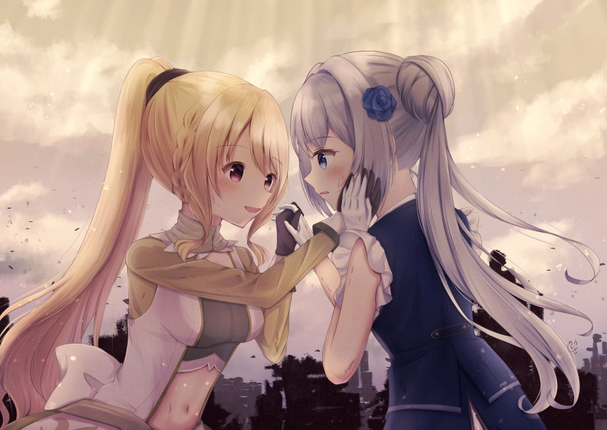 2girls absurdres black_gloves blue_eyes face-to-face gloves highres holding_hands looking_at_another magia_record:_mahou_shoujo_madoka_magica_gaiden magical_girl mahou_shoujo_madoka_magica multiple_girls navel ponytail purple_eyes shirousa_(blanche_lapine3) shirt side_ponytail sleeveless togame_momoko white_gloves white_shirt yakumo_mitama