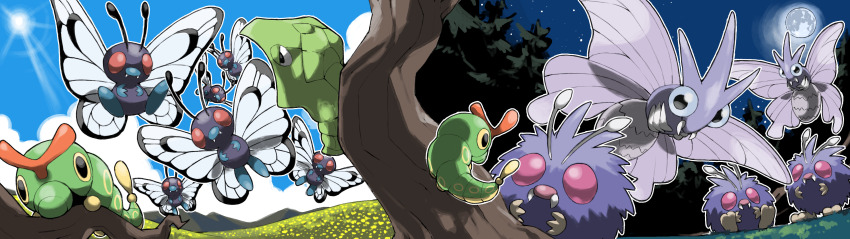 absurdres animal_focus antennae blacknirrow blue_sky bug butterfree caterpie cloud day evolutionary_line fangs flying full_moon gen_1_pokemon half-closed_eyes highres insect_wings metapod moon night night_sky nintendo no_humans outdoors outline pokemon pokemon_(creature) pokemon_focus red_eyes sitting sky standing star_(sky) sun tree venomoth venonat white_outline wings