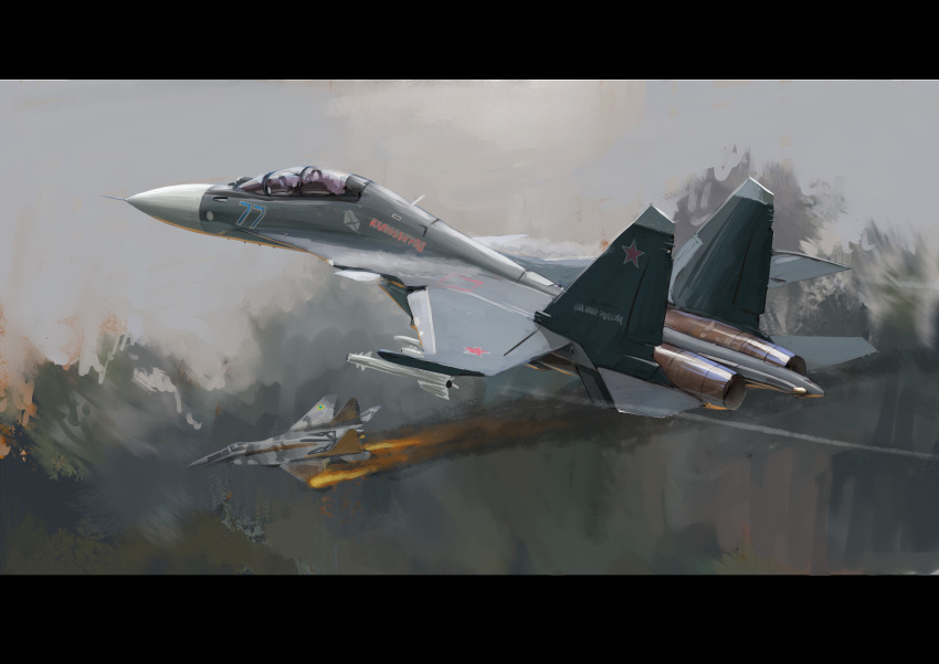 absurdres aerial_battle aircraft airplane battle fighter_jet fire highres military_vehicle missile no_humans original red_star russia russian_commentary russo-ukrainian_war sky star_(symbol) su-30 translation_request ukraine yukikaze_supersylph