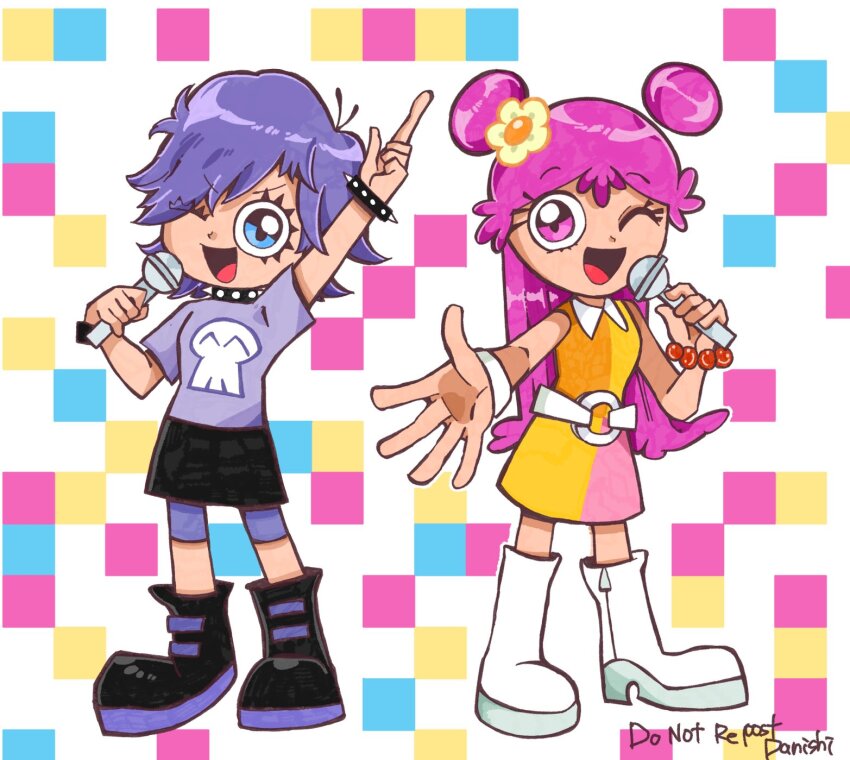 2girls ami_onuki arm_up artist_name bead_bracelet beads black_footwear blue_eyes boots bracelet checkered_background collar danishi double_bun dress eyes_visible_through_hair flower hair_bun hair_flower hair_ornament hair_over_one_eye hi_hi_puffy_amiyumi highres holding holding_microphone index_finger_raised jewelry long_hair medium_hair microphone multiple_girls one_eye_closed open_mouth pink_eyes pink_hair purple_hair signature smile spiked_bracelet spiked_collar spikes white_footwear wristband yellow_dress yumi_yoshimura