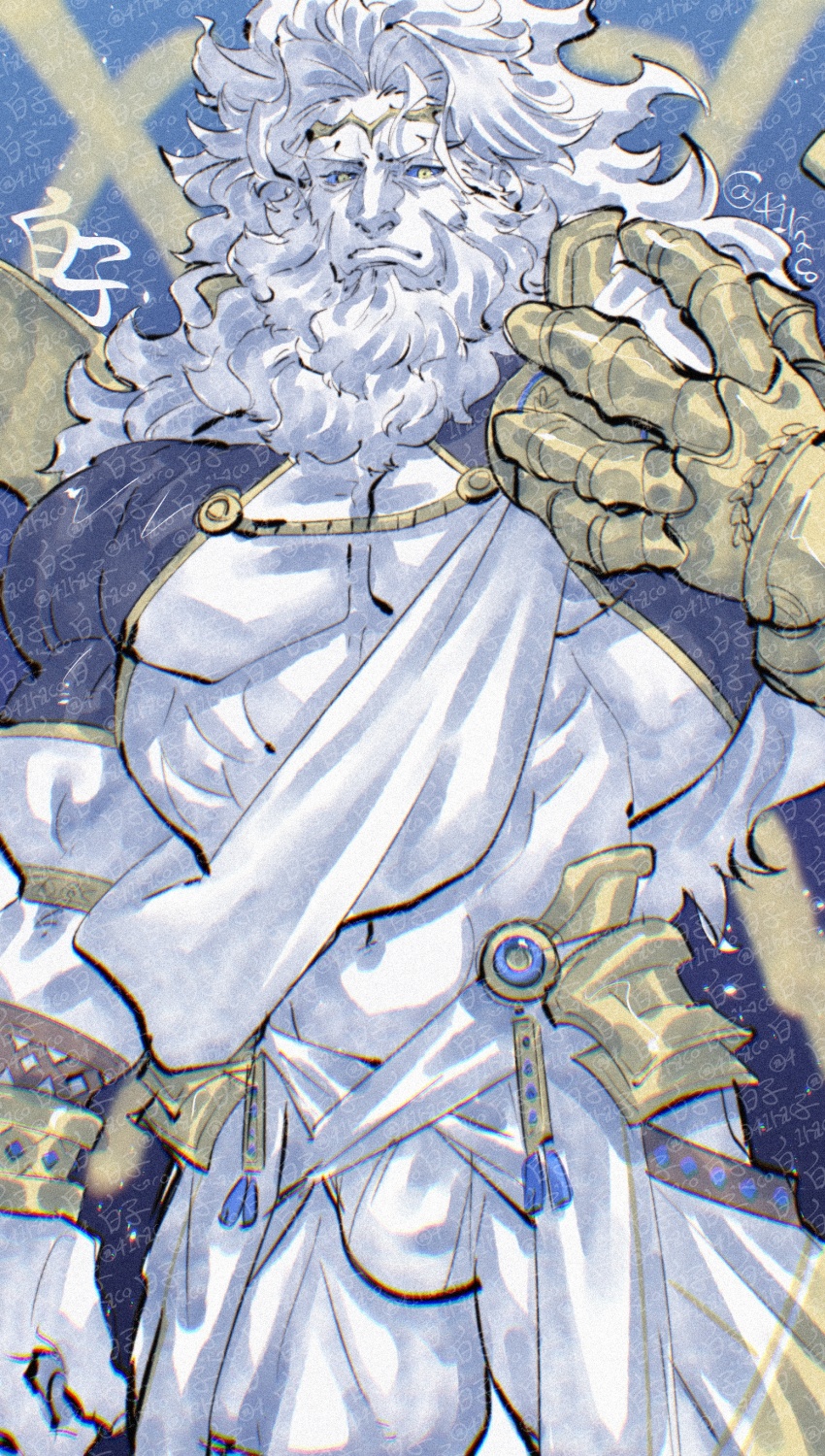 1boy abs absurdres adversarial_noise artist_name bara beard bulge closed_mouth commentary_request facial_hair fate/grand_order fate_(series) greco-roman_clothes highres looking_at_viewer male_focus male_underwear muscular muscular_male navel pectorals shirako_(kirupi) signature twitter underwear white_hair white_male_underwear zeus_(fate)