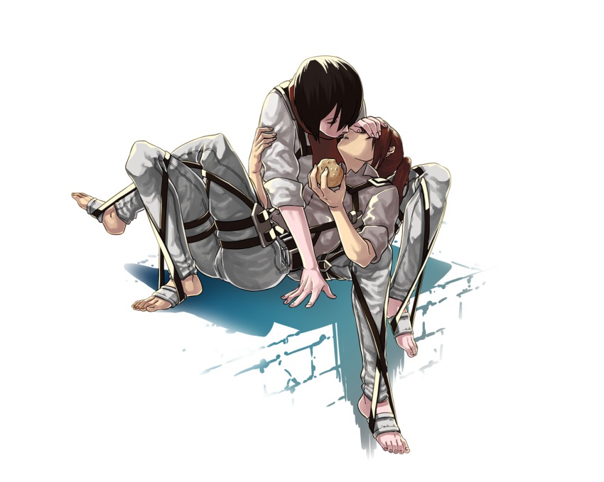 2girls barefoot feet food hak_(fox0179) kiss md5_mismatch mikasa_ackerman multiple_girls potato resolution_mismatch sasha_blouse scarf shingeki_no_kyojin source_smaller toes uniform yuri