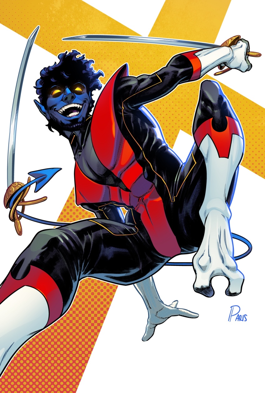 1boy blue_hair blue_skin colored_skin demon_boy demon_tail dual_wielding gloves highres holding holding_sword holding_weapon holding_with_tail marvel nightcrawler paris_alleyne pointy_ears prehensile_tail short_hair signature solid_eyes solo superhero_costume sword tail teeth weapon white_gloves x-men yellow_eyes