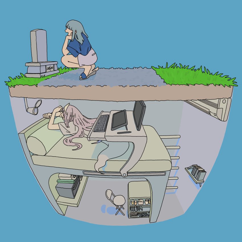 2girls absurdres air_conditioner blue_background blue_hair ghost ghost_tail hand_on_own_chin highres light_blue_hair light_purple_hair multiple_girls original shuujuu_misobata squatting talking tombstone