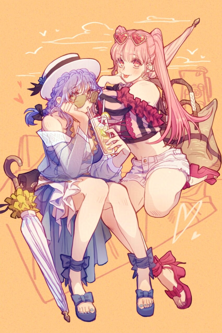 2girls alternate_costume bikini blue_bikini blue_hair blue_sarong braid breasts brown_eyes cleavage crown_braid cup drinking drinking_straw eyewear_on_head faithom fire_emblem fire_emblem:_three_houses fire_emblem_heroes hat highres hilda_valentine_goneril hilda_valentine_goneril_(summer) holding holding_cup large_breasts lemonade long_hair looking_at_viewer marianne_von_edmund marianne_von_edmund_(summer) multiple_girls navel nintendo off-shoulder_bikini off_shoulder official_alternate_costume parasol pink-tinted_eyewear pink_bikini pink_eyes pink_hair sarong shorts smile striped_bikini striped_clothes sunglasses swimsuit tinted_eyewear twintails umbrella vertical-striped_bikini vertical-striped_clothes white_shorts