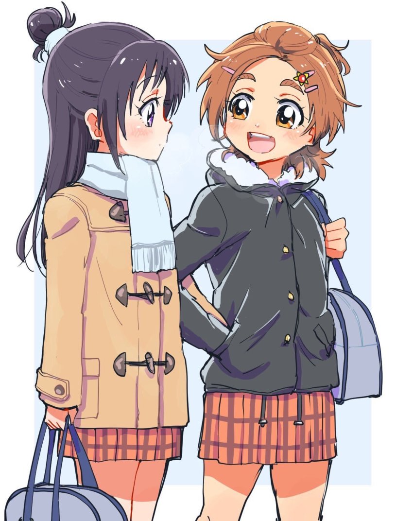 2girls azuma_yukihiko blush brown_eyes brown_hair coat commentary_request eyelashes futari_wa_precure_splash_star hair_bun hair_ornament hairclip half_updo highres hyuuga_saki jacket long_hair looking_at_another mishou_mai multiple_girls open_mouth precure purple_eyes purple_hair scarf short_hair single_hair_bun sketch skirt standing winter_clothes winter_coat