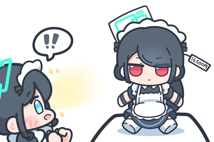 ! !! 1girl android apron aris_(blue_archive) aris_(maid)_(blue_archive) black_hair blue_archive blue_eyes blue_halo chibi fumo_(doll) halo happy highres kei_(blue_archive) l4ttekim maid maid_apron maid_headdress official_alternate_costume official_alternate_hairstyle price_tag red_eyes smile