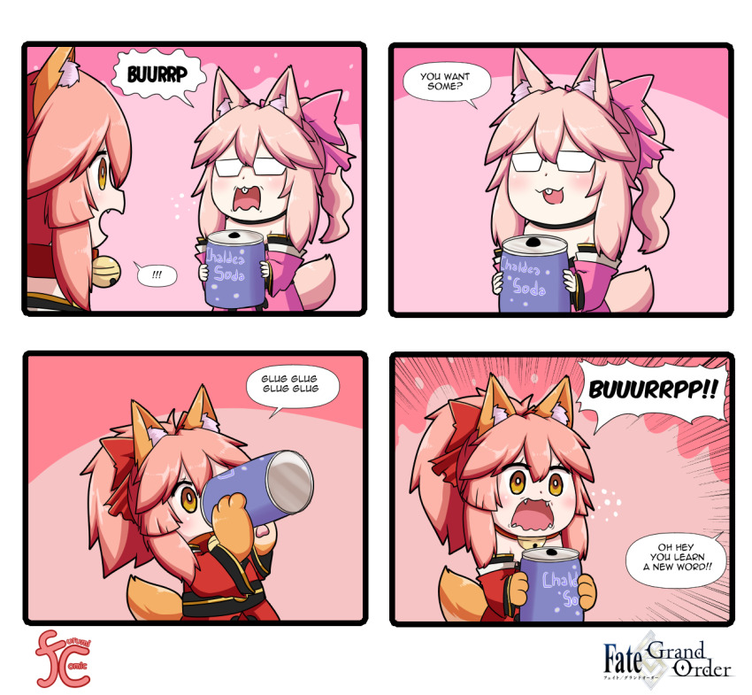 2girls 4koma animal_ear_fluff animal_ears animal_hands bare_shoulders bell blush_stickers bow can cat_paws collar comic detached_sleeves drink_can drinking dual_persona english_text fang fangs fate/grand_order fate_(series) fox_ears fox_girl fox_tail glasses highres japanese_clothes jingle_bell keita_naruzawa kimono koyanskaya_(fate) mini_person minigirl multiple_girls neck_bell open_mouth pink_bow pink_hair pink_kimono soda_can speech_bubble square_4koma tail tamamo_(fate) tamamo_cat_(fate) tamamo_cat_(first_ascension)_(fate) white-framed_eyewear yellow_eyes