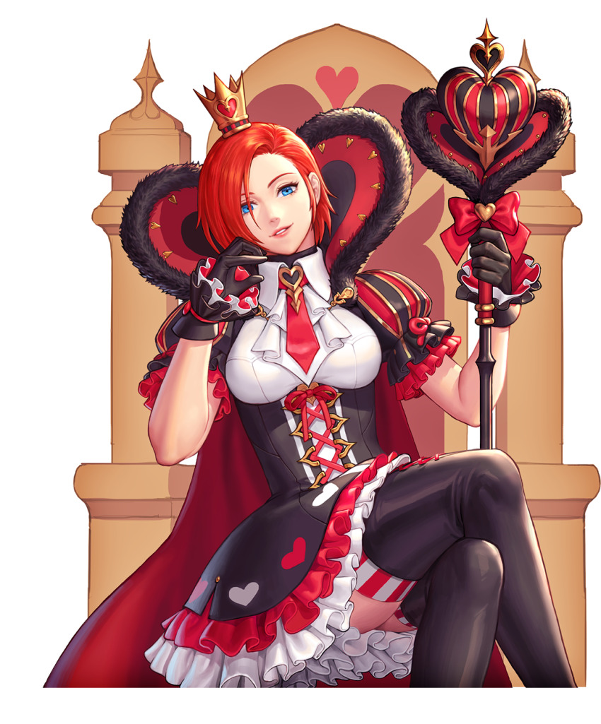 1girl blue_eyes breasts cape chair corset crossed_legs dress female_focus gloves heart highres large_breasts looking_at_viewer queen red_hair short_hair sitting skirt socks staff the_king_of_fighters thighs throne vanessa_(kof) wonderland