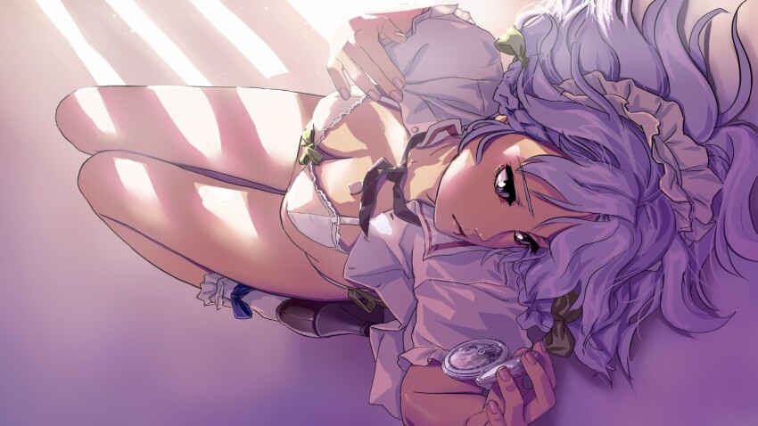 1girl bottomless bra braid clock geister gradient_background grey_eyes grey_hair izayoi_sakuya kneeling maid_headdress nails serious touhou underwear undressing white_bra