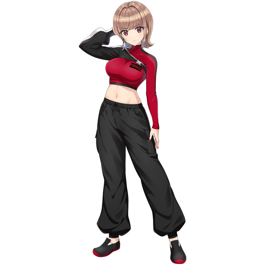 1girl :| baggy_pants black_pants black_shoes black_sleeves breasts brown_hair closed_mouth dolphin_wave earrings feather_earrings feathers game_cg highres jewelry kamie_tsugumi large_breasts long_sleeves looking_at_viewer medium_hair midriff multicolored_sleeves nail_polish navel non-web_source official_art ootomo_takuji pants red_eyes red_nails red_shirt red_sleeves scratching_head shirt shoes single_earring single_sidelock skindentation solo sweatpants tachi-e transparent_background