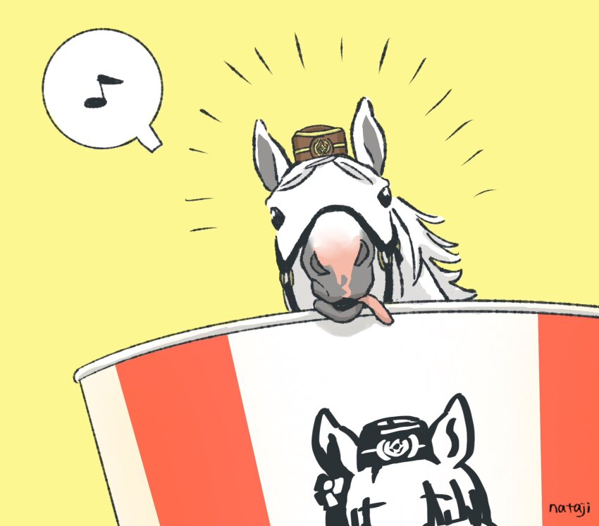 animal_focus artist_name bridle cosplay gold_ship_(racehorse) gold_ship_(umamusume) gold_ship_(umamusume)_(cosplay) highres horse kfc looking_at_viewer musical_note nataji no_humans pillbox_hat real_life simple_background spoken_musical_note tongue tongue_out umamusume yellow_background