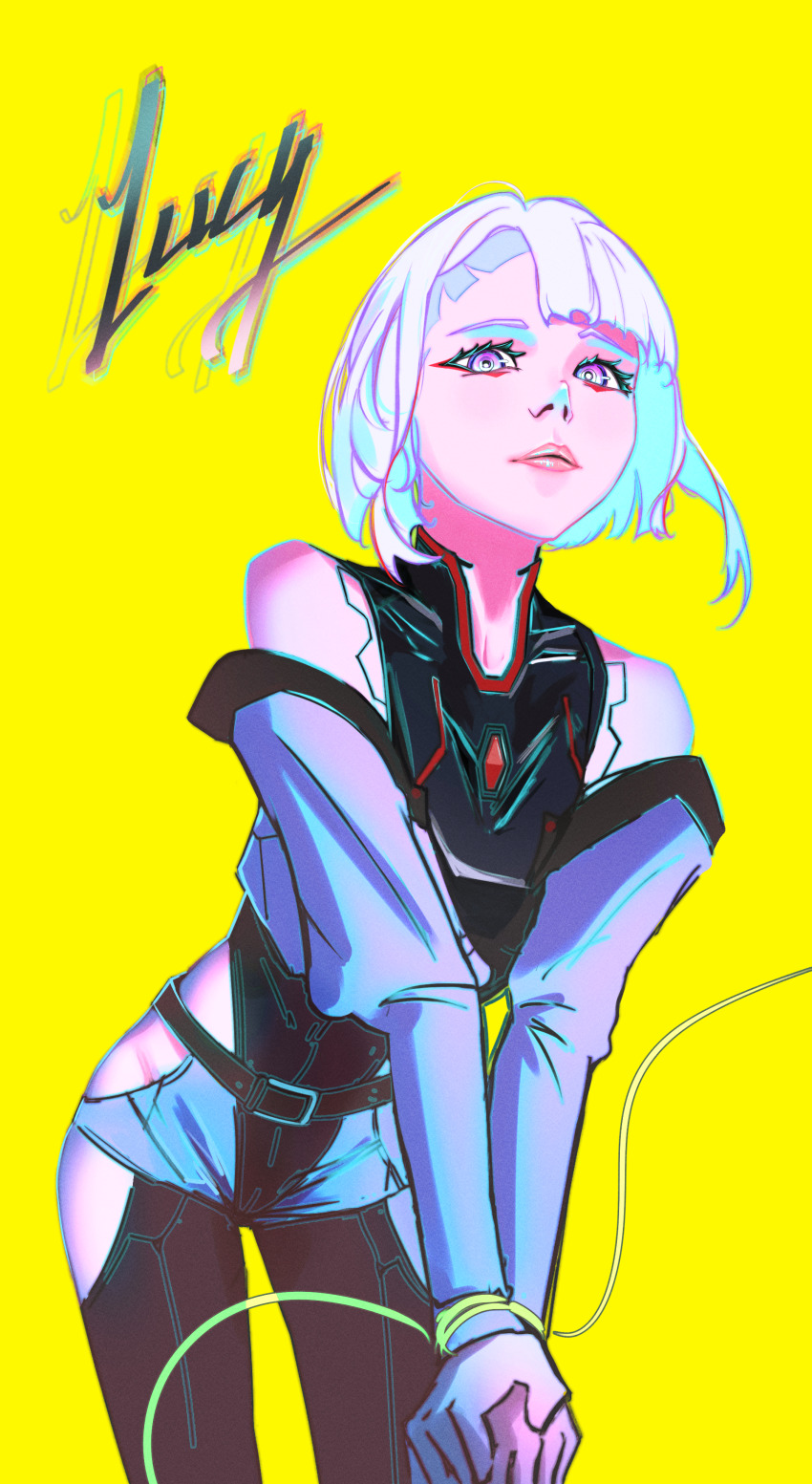 1girl absurdres cd_projekt_red cyberpunk cyberpunk_(series) cyberpunk_2077 cyberpunk_edgerunners highres holding lucy_(cyberpunk) make neon_lights original retro_artstyle shirt short_hair solo standing tflop_(tea_flop) upper_body yellow_background