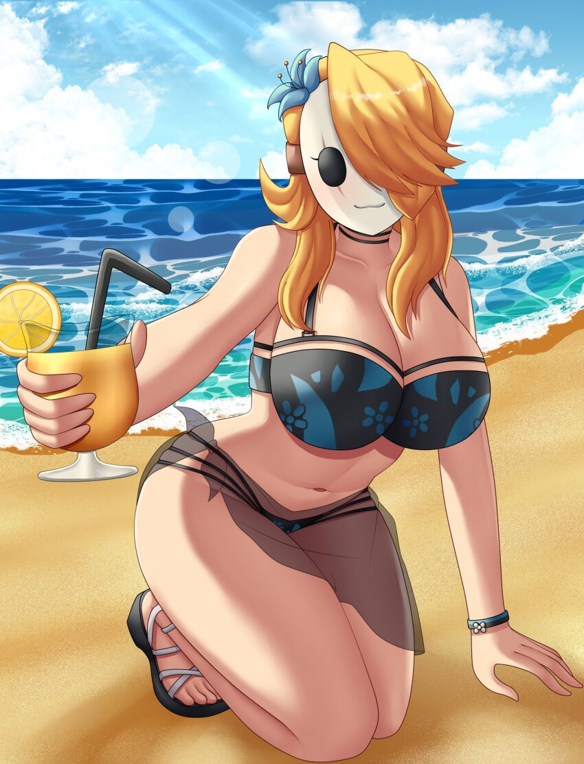 1girl 2022 arm_support beach bikini black_sandals blonde_hair blue_bikini blue_sky borrowed_character bracelet breasts choker cloud cloudy_sky cocktail_glass commentary commission cup day drinking_glass drinking_straw english_commentary feet female_focus flower foreshortening full_body hair_flower hair_ornament hair_over_one_eye highres jewelry kneeling large_breasts light_smile locket_white_(bakalorin) mario_(series) multi-strapped_bikini_bottom navel nintendo ocean original outdoors sandals sarong see-through_clothes shore shy_gal sky solo swept_bangs swimsuit thick_thighs thighs valdius44 white_mask
