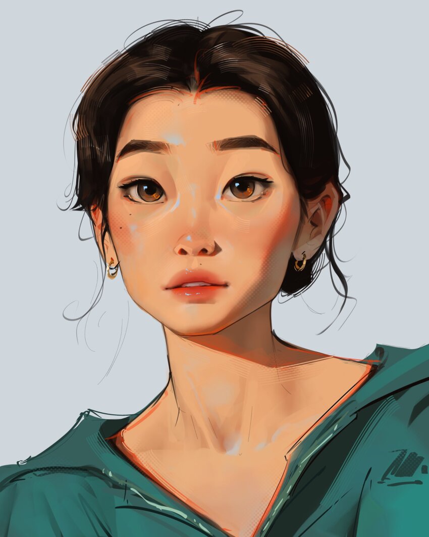 1girl aegyo_sal art_study brown_eyes brown_hair collarbone green_jacket grey_background hair_bun highres jacket looking_at_viewer loose_hair_strand mole mole_on_cheek open_mouth original portrait sam_yang simple_background solo