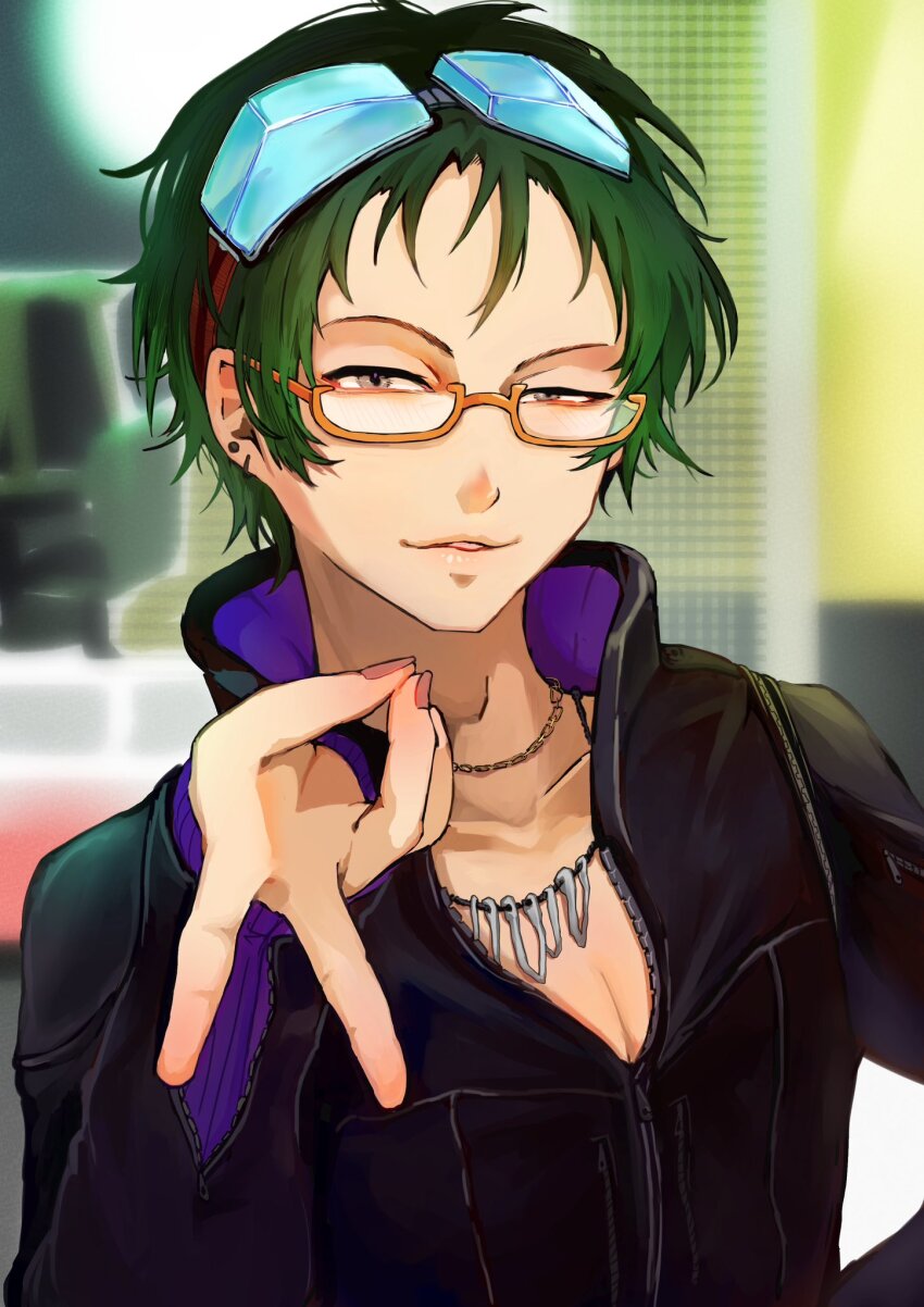 1boy black_hair glasses gnosia goggles green_hair highres jacket jewelry koyuuuuuuuuuuu long_sleeves looking_at_viewer male_focus necklace sha-ming shirt short_hair smile solo upper_body zipper