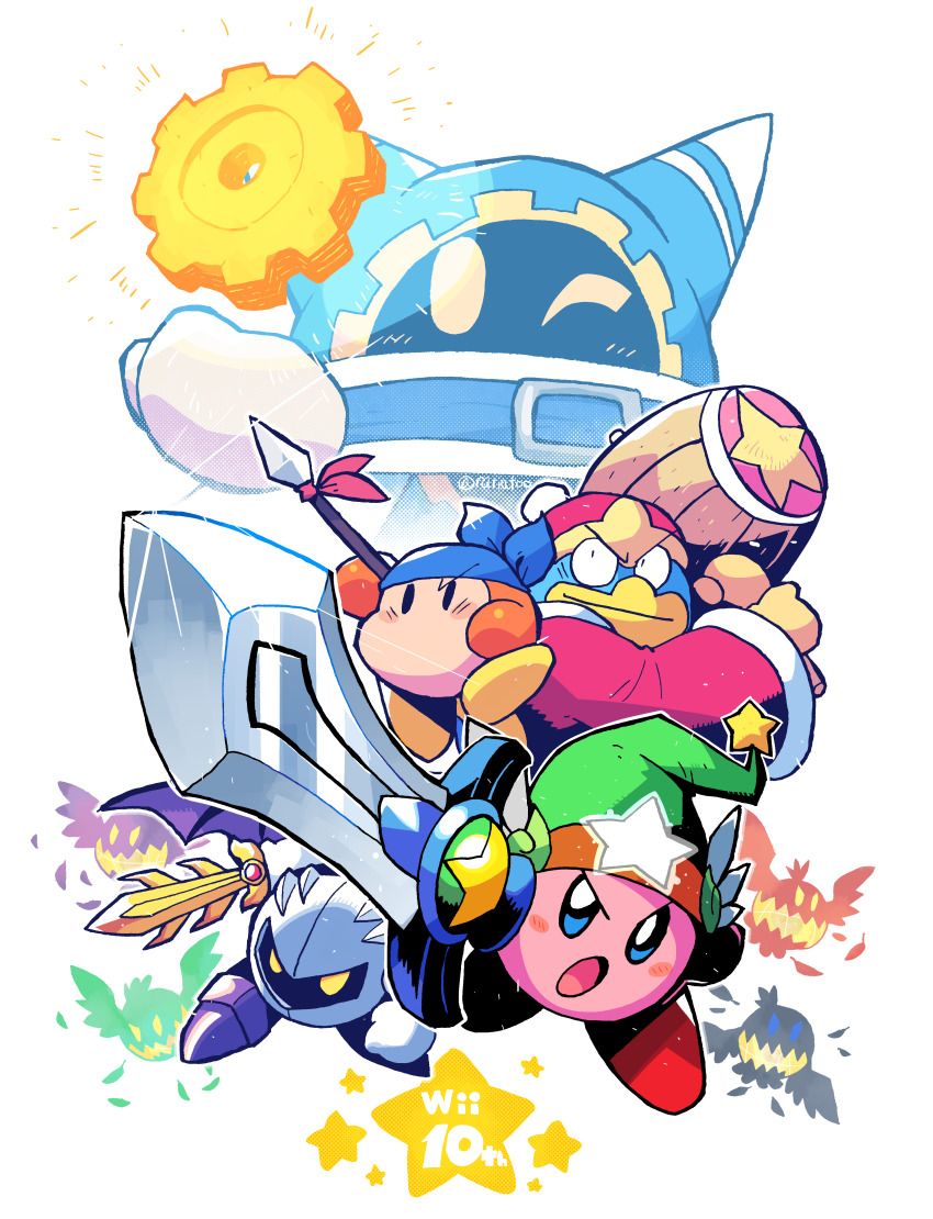 absurdres bandana_waddle_dee blue_eyes coat doomer_(kirby) furrowed_brow galaxia_(sword) gears green_headwear hammer highres king_dedede kirby kirby&#039;s_return_to_dream_land kirby_(series) magolor mask meta_knight nintendo one_eye_closed open_mouth polearm rariatto_(ganguri) rayman_limbs red_coat red_headwear spear sphere_doomer star_(symbol) sword sword_kirby ultra_sword_kirby weapon yellow_eyes