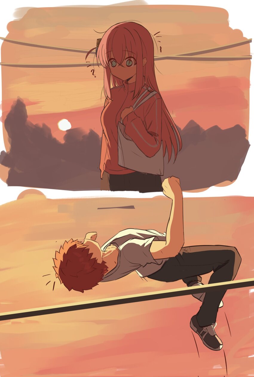 1boy bocchi_the_rock! cloud cloudy_sky crossover cube_hair_ornament emiya_shirou evening fate/stay_night fate_(series) full_body gotoh_hitori gradient_sky hair_ornament highres horizon igote jacket jumping kessoku_band midair multiple_crossover orange_sky outdoors parody pink_hair pink_jacket pink_track_suit red_hair scenery school_uniform shoes shokobr shuka_high_school_uniform sky sports_bra sun sunlight sunset track_jacket track_suit trait_connection tree yellow_sky