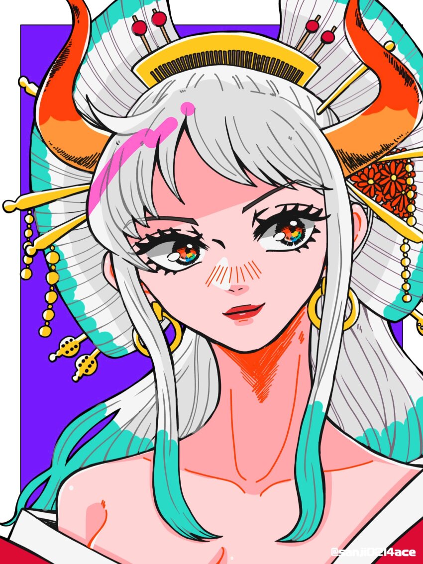 1girl aqua_hair border closed_mouth commentary_request earrings hair_ornament highres horns jewelry kanzashi long_hair looking_to_the_side oiran one_piece purple_background red_lips sanji0214ace sidelocks simple_background smile solo twitter_username upper_body white_border white_hair yamato_(one_piece)