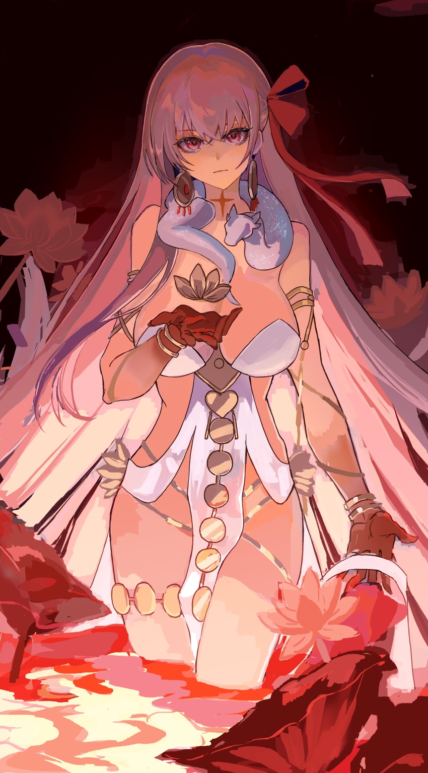 1girl absurdres armlet bare_shoulders belly_chain bracelet breasts cleavage durga_(fate) durga_(first_ascension)_(fate) fate/grand_order fate_(series) highres jewelry large_breasts long_hair looking_at_viewer pelvic_curtain red_eyes snake solo star_(user_hnnj2442) thighs white_hair