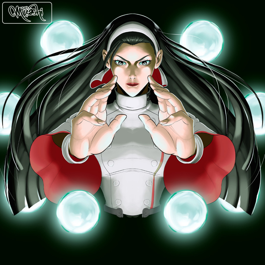 1girl arms_up black_eyes black_hair breasts buttons dress fayer_san female_focus glowing hairband kagura_chizuru large_breasts long_hair looking_at_viewer magic magical_girl pale_skin shiny_clothes shiny_skin standing the_king_of_fighters