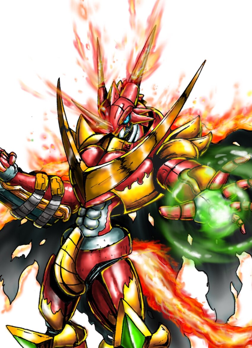 armor blue_eyes cape digimon digimon_(creature) fire highres original redv-dramon solo tail
