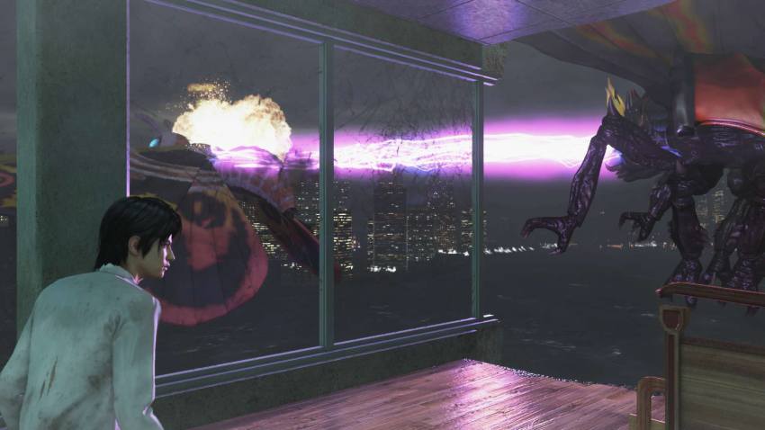 1boy aerial_battle battle battra bridge bug car city_shrouded_in_shadow electricity embers energy energy_beam explosion eye_beam fire flying giant giant_monster glowing glowing_eyes godzilla_(series) godzilla_vs._mothra granzella highres insect kaiju laser misaki_ken monster moth motor_vehicle plasma prism_beam toho torn_clothes wings