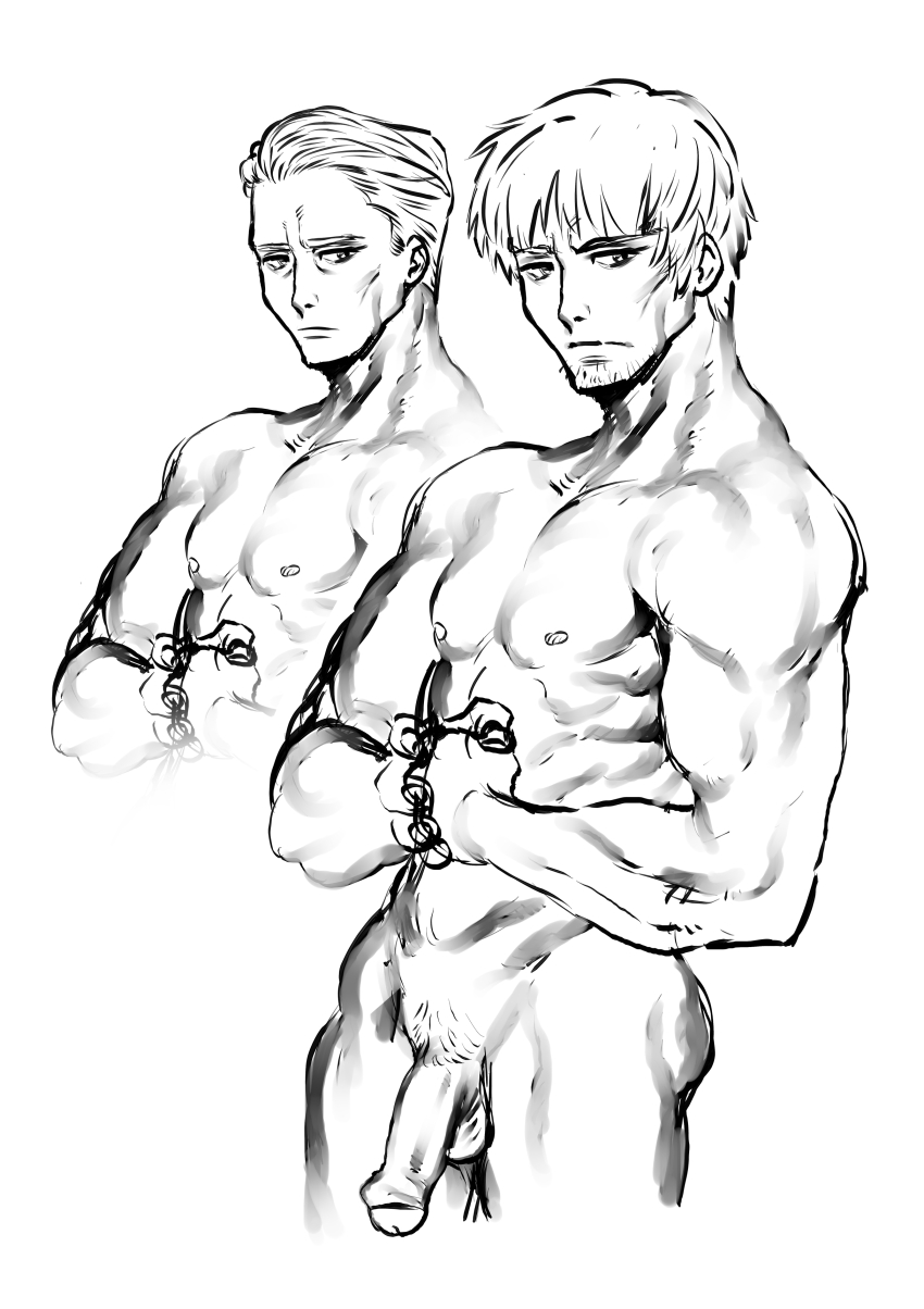 1boy aarokira abs absurdres aged_up cody_travers completely_nude cropped_legs facial_hair highres https://www.aarokira.com/posters male_focus monochrome multiple_views muscular muscular_male non-web_source nude own_hands_together penis sketch solo street_fighter stubble white_background