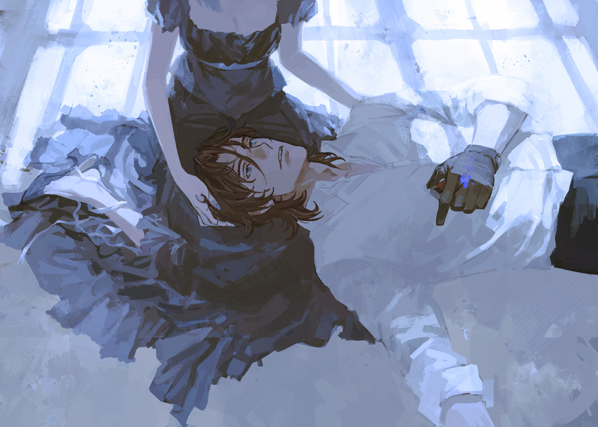 1boy 1girl black_pants blue_footwear blue_skirt breasts brown_hair cleavage gloves gundam gundam_00 high_heels holding huangdanlan lap_pillow lockon_stratos lying male_focus on_back pants pumps shirt skirt solo_focus white_shirt window_shadow