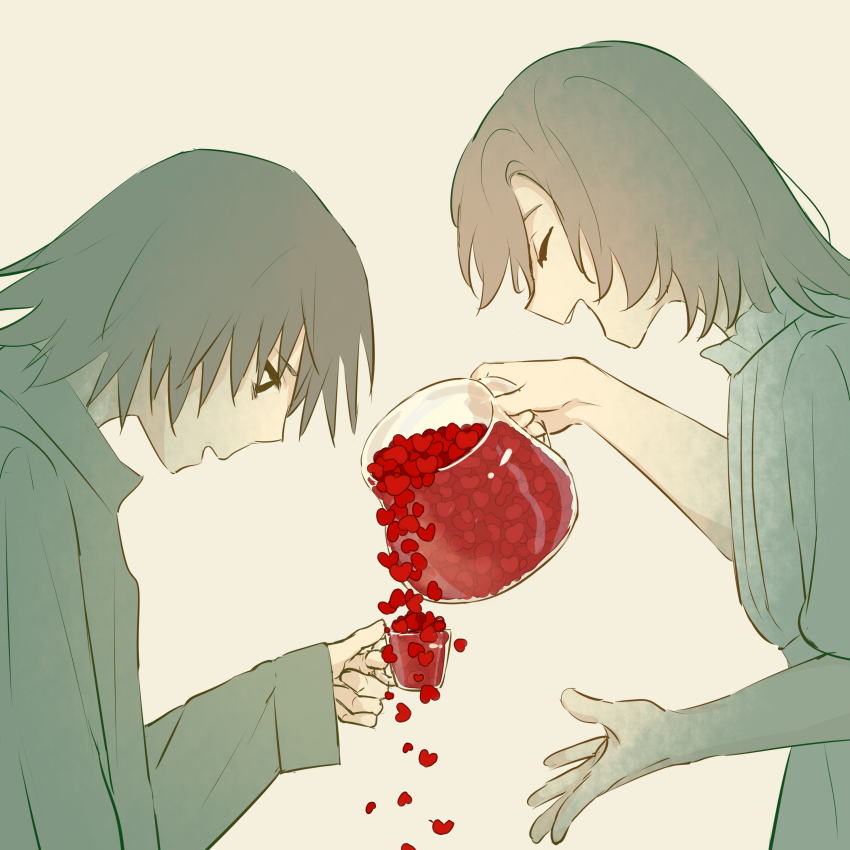 1boy 1girl absurdres avogado6 black_eyes closed_eyes cup dress from_side grey_hair heart highres holding holding_cup holding_pitcher long_sleeves looking_down medium_hair open_mouth original overflowing pitcher_(container) pouring profile shirt simple_background symbolism white_background