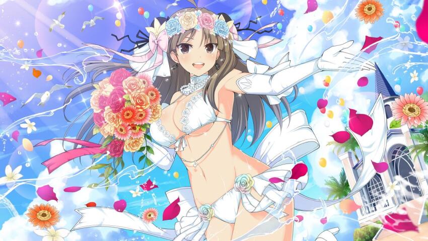 1girl ahoge animal armpits balloon bird bird_wings black_ribbon blue_flower blue_rose blue_sky blush bouquet bow bra breasts bridal_lingerie bride brown_eyes brown_hair bun_cover bush church cleavage cloud day detached_collar double_bun earrings elbow_gloves feathered_wings flock flower gloves groin hair_bow hair_bun hair_flower hair_ornament hair_ribbon heart high_heels holding holding_bouquet holding_flower jewelry lace large_breasts leaf lens_flare linea_alba lingerie long_hair looking_at_viewer multicolored_flower multicolored_rose navel necklace official_alternate_costume official_art open_mouth orange_flower orange_rose outdoors palm_leaf palm_tree panties pearl_necklace petals pink_bow pink_flower pink_rose pumps reaching reaching_towards_viewer red_flower red_rose renka_(senran_kagura) ribbon rose rose_petals sand seagull senran_kagura senran_kagura_estival_versus senran_kagura_new_link sky smile solo stairs steeple teeth tomoe_(symbol) tongue tree underboob underwear water water_drop white_bow white_bra white_flower white_footwear white_gloves white_panties white_ribbon white_rose window wings yaegashi_nan yellow_flower yellow_rose