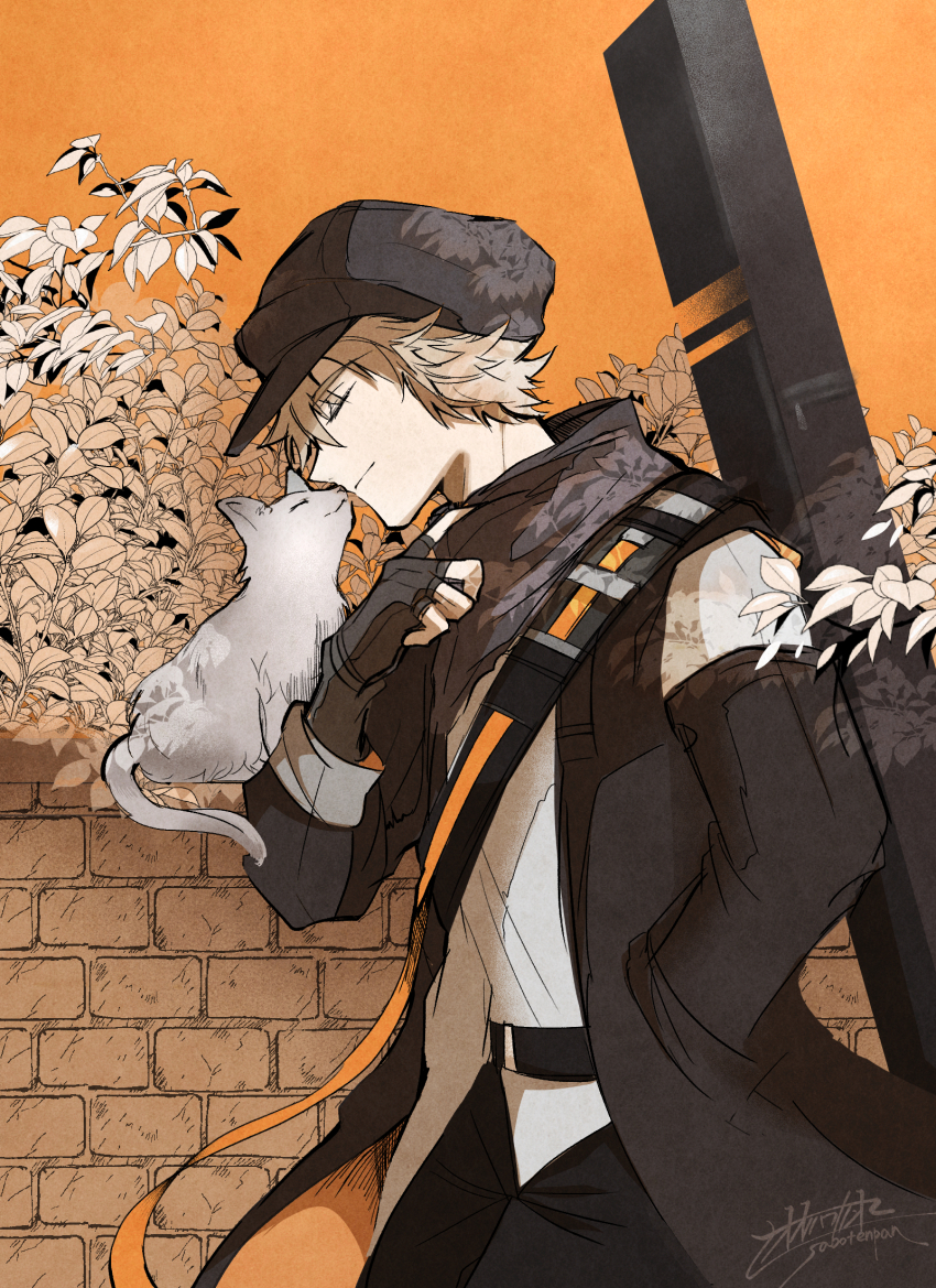 1boy animal arknights bandana black_hat black_jacket black_pants brick_wall brown_hair newsboy_cap cat closed_eyes closed_mouth from_side hair_between_eyes hand_in_pocket hat highres jacket long_sleeves male_focus oonohara_kenya open_clothes open_jacket orange_background pants plant profile red_(npc)_(arknights) shirt simple_background solo white_shirt