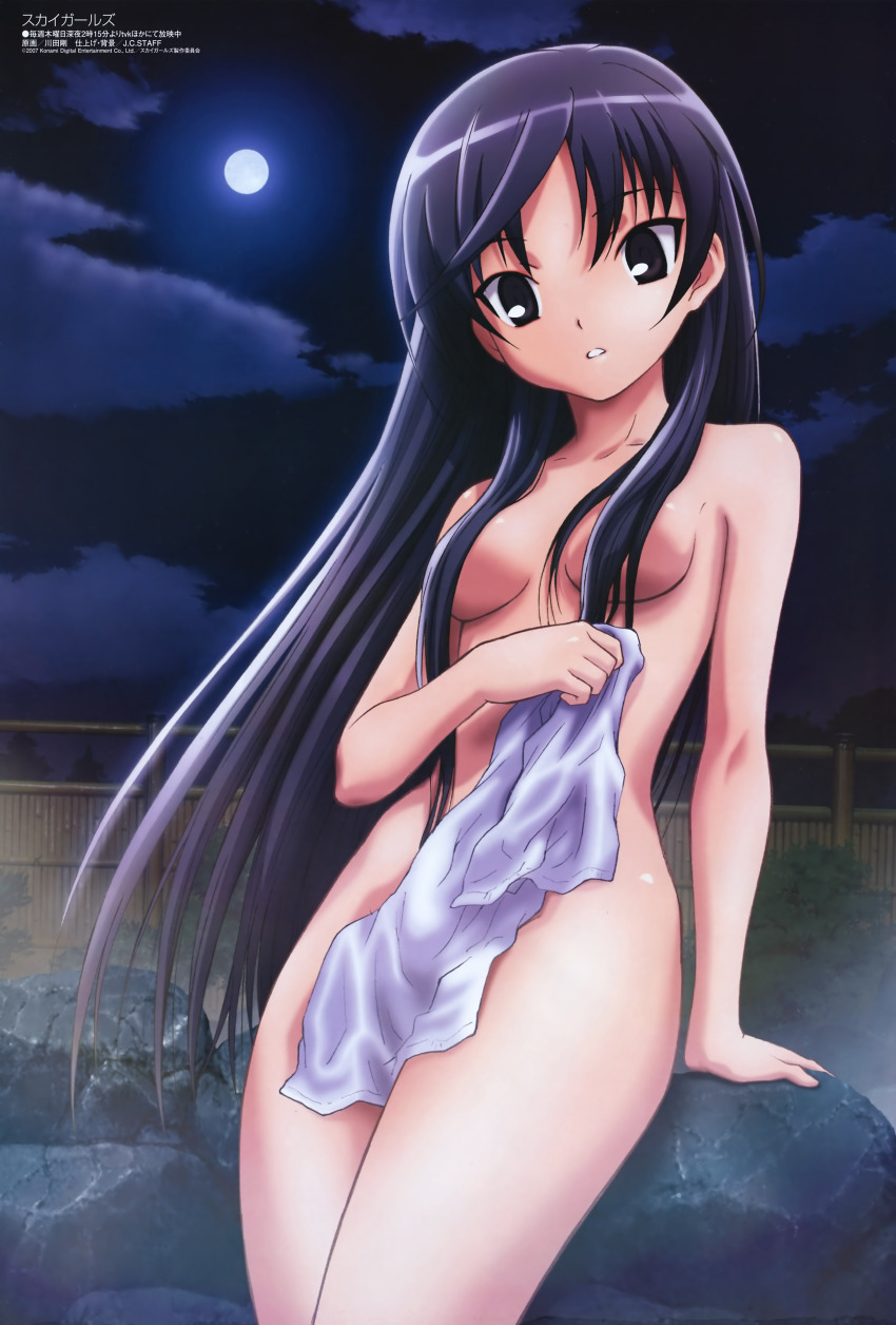 00s 1girl 2007 absurdres arm_support black_eyes black_hair breasts censored cloud collarbone company_name convenient_censoring copyright_name female_focus fence full_moon hair_censor hair_over_breasts head_tilt highres holding holding_towel ichijou_eika kawada_tsuyoshi long_hair medium_breasts megami_magazine moon night nude official_art onsen outdoors parted_lips plant rock scan sky sky_girls solo towel towel_in_front tsurime very_long_hair watermark