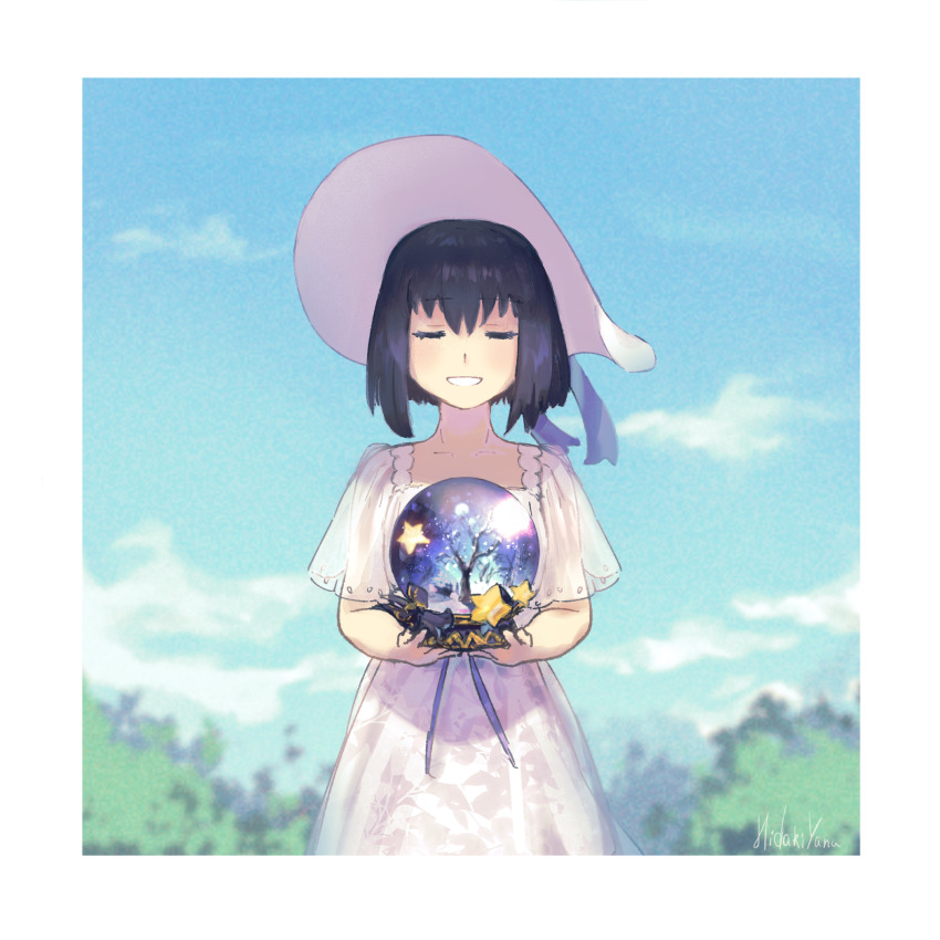 1girl artist_name blurry blurry_background closed_eyes collarbone dress facing_viewer fate/grand_order fate_(series) hair_ribbon hat hidariyana highres holding holding_snow_globe kuonji_alice kuonji_alice_(third_ascension) parted_bangs parted_lips picture_frame ribbon see-through_clothes short_hair sidelocks smile snow_globe solo star_(symbol) sun_hat sundress teeth white_hat
