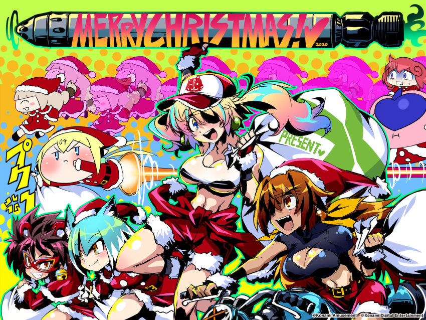 6+girls animal_ears asagi_(bombergirl) blue_hair blush bombergirl bombergirl573 breasts brown_hair cleavage crop_top dark-skinned_female dark_skin emera_(bombergirl) eyepatch large_breasts looking_at_viewer merry_christmas multicolored_hair multiple_girls official_art olive_drab open_mouth oren_(bombergirl) pastel_(twinbee) sepia_belmont smile tan tanline teeth upper_teeth_only urushi_(bombergirl) white_hair wolf_ears