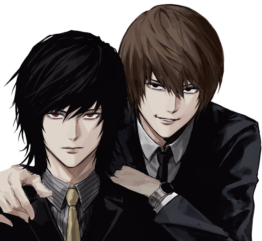 2boys black_hair black_necktie brown_hair death_note highres lips male_focus mikami_teru multiple_boys necktie pale_skin parted_lips red_eyes sanpaku shirt smile sso_s striped_clothes striped_shirt swept_bangs watch white_background white_shirt wristwatch yagami_light