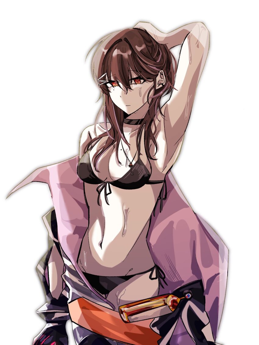 1girl 2pwqq arm_behind_back arm_up armpits bikini black_choker breasts brown_hair choker closed_mouth commentary expressionless front-tie_bikini_top front-tie_top girls&#039;_frontline girls&#039;_frontline_neural_cloud hair_ornament hairpin hand_on_own_head hatsuchiri_(neural_cloud) highres long_hair looking_at_viewer medium_breasts mole mole_on_breast multiple_hairpins orange_eyes side-tie_bikini_bottom simple_background solo swimsuit symbol-only_commentary wet white_background
